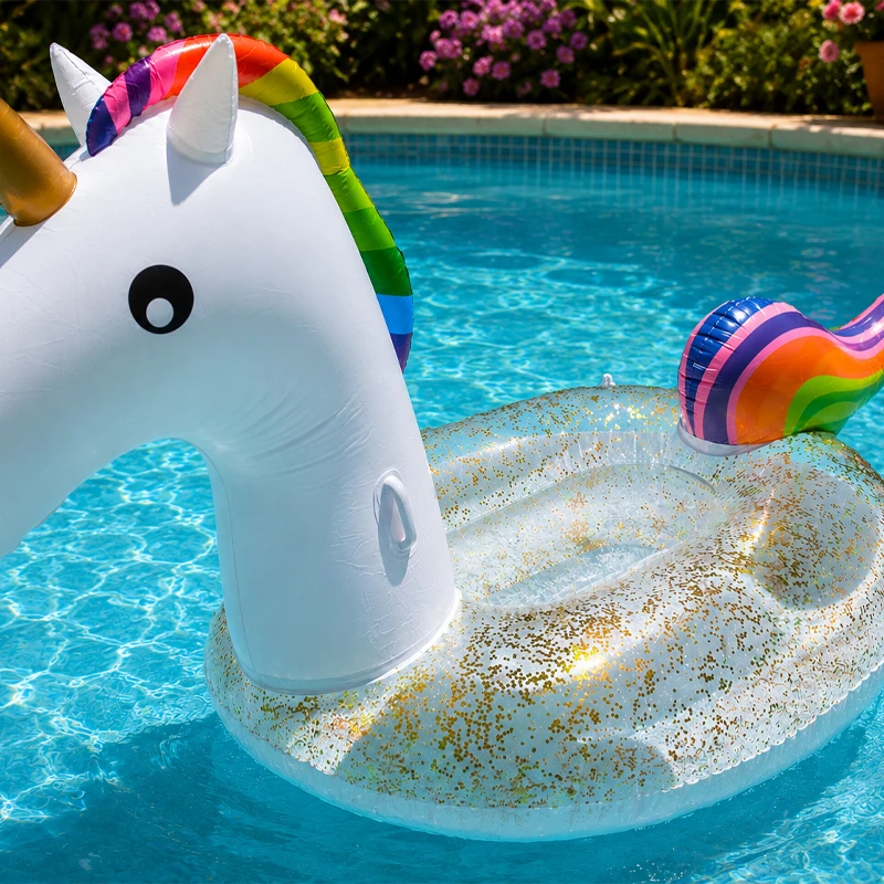 Giant Inflatable Glitter Unicorn Floater Air Mattress With Handles Age 14+ Size 275 x 140 x 120 cm High Quality Vinyl White With Rainbow Mane (EN15649-1)